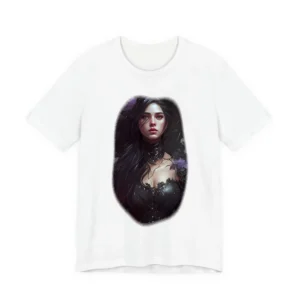 Striking Black-Haired Woman: Floral Lace Dress Portrait T-Shirt