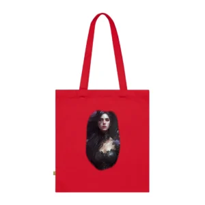 Striking Black-Haired Woman: Floral Lace Dress Portrait Tote Bag