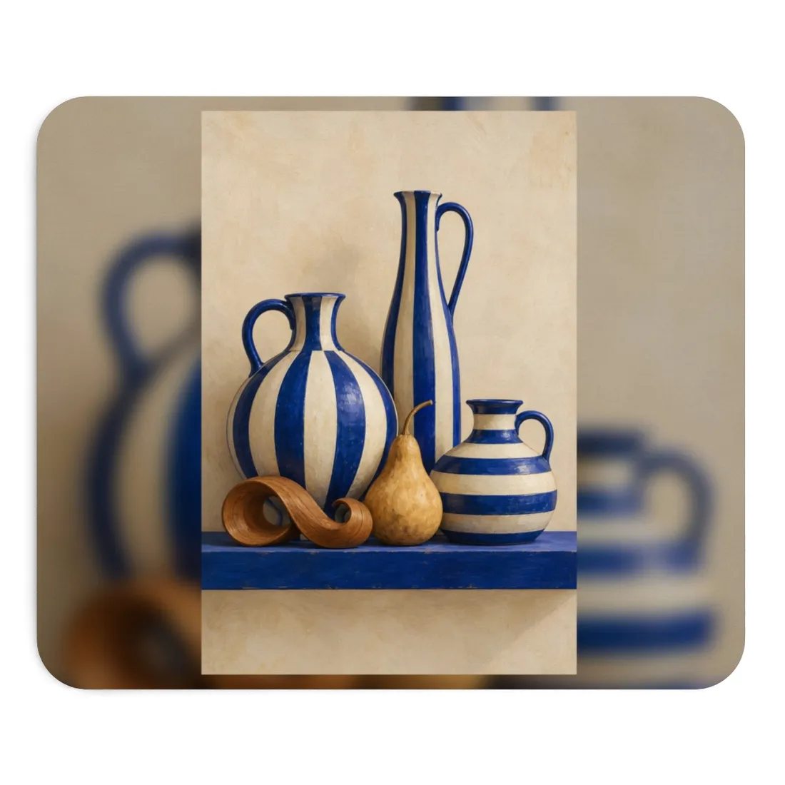 Blue and cream striped vases and a gourd on a blue shelf – Mouse Pad, view 1
