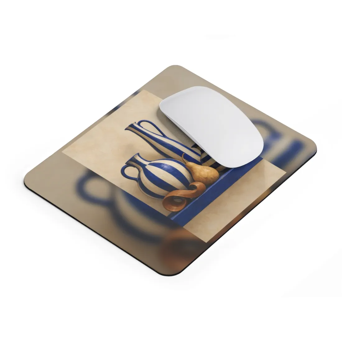 Blue and cream striped vases and a gourd on a blue shelf – Mouse Pad, view 2