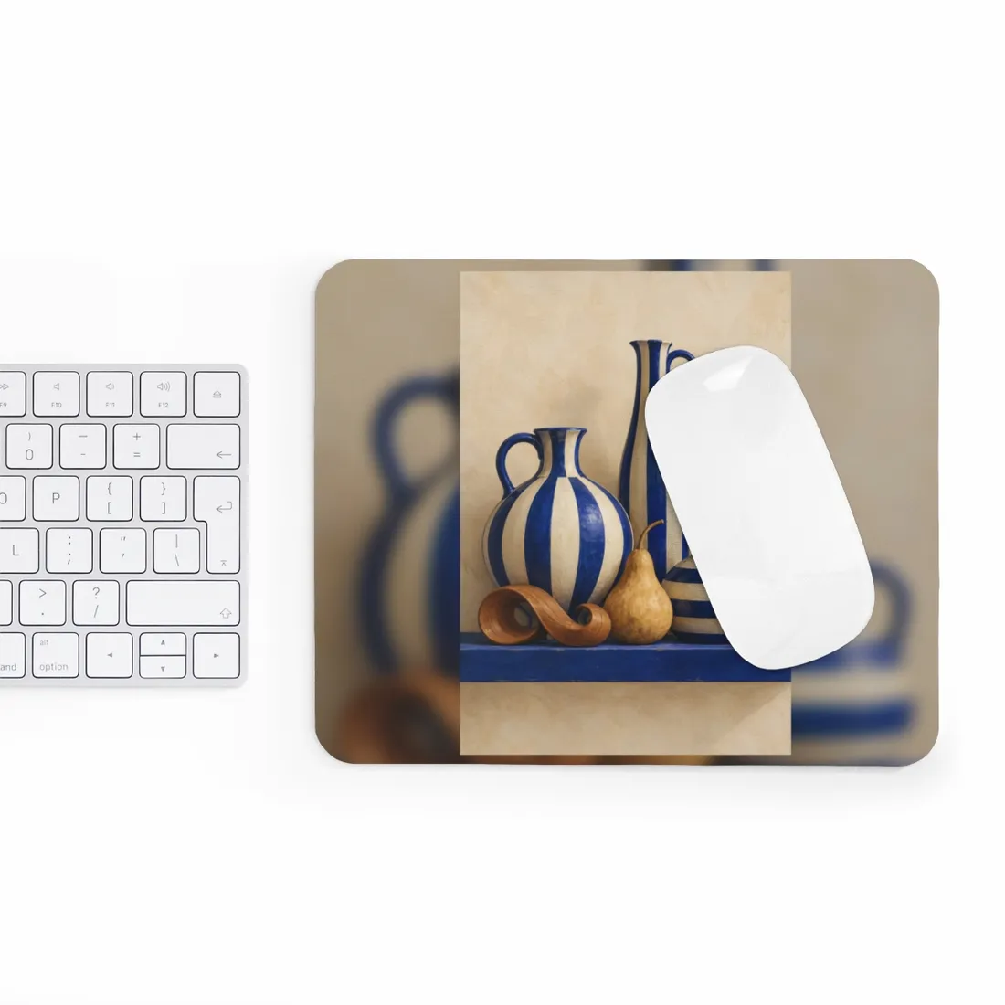 Blue and cream striped vases and a gourd on a blue shelf – Mouse Pad, view 3