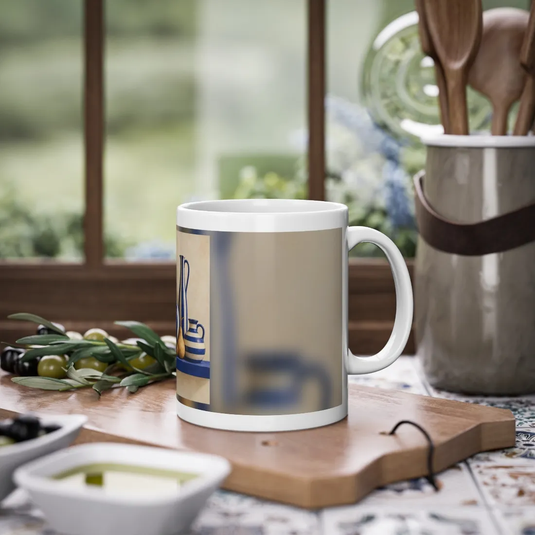 Blue and cream striped vases and a gourd on a blue shelf – Mug, view 2