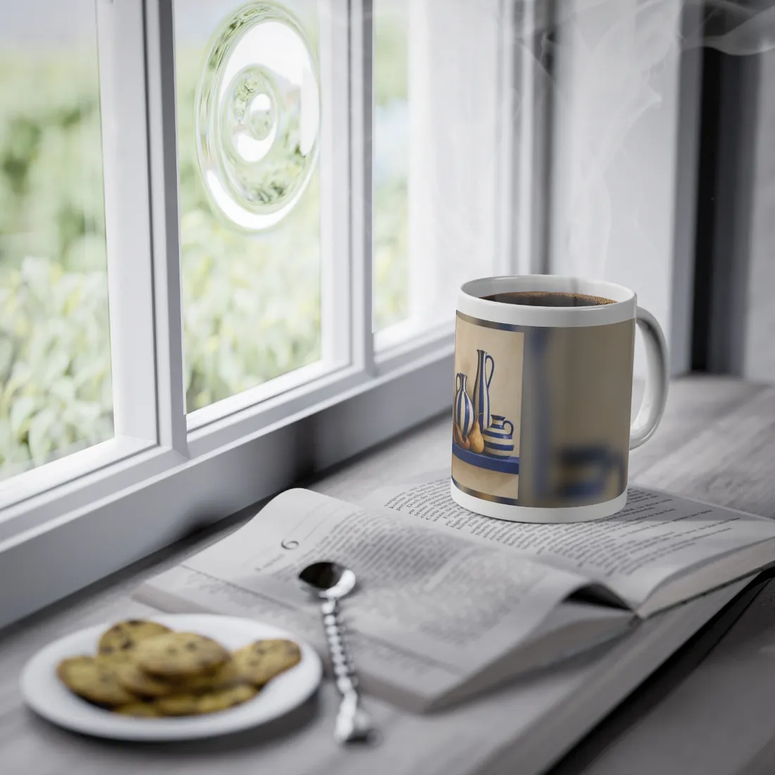 Blue and cream striped vases and a gourd on a blue shelf – Mug, view 3