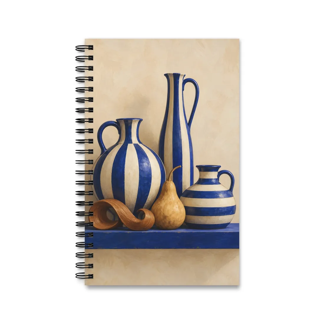 Blue and cream striped vases and a gourd on a blue shelf – Spiral Notebook, view 1