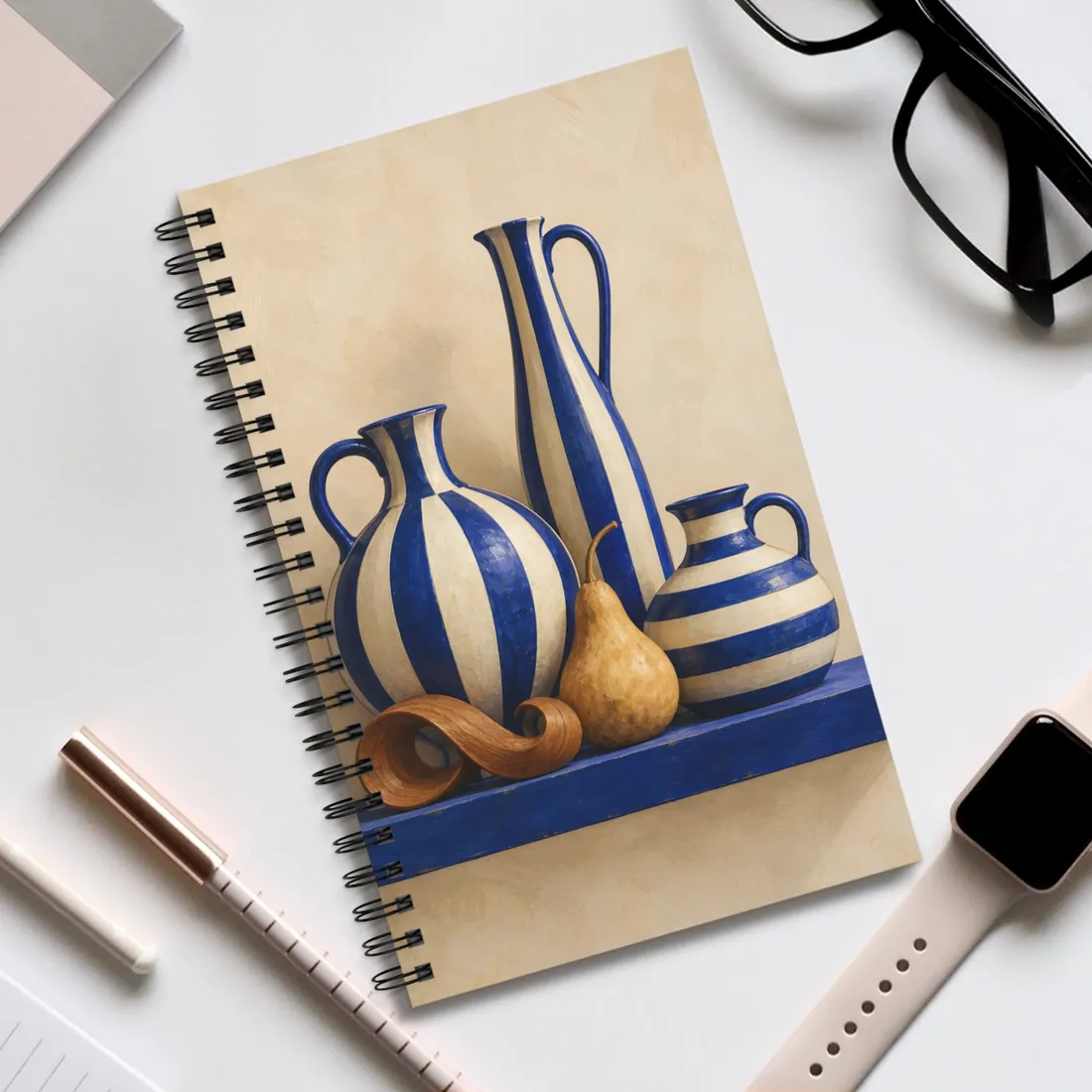 Blue and cream striped vases and a gourd on a blue shelf – Spiral Notebook, view 2