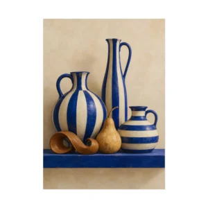 Striped Vases on Blue Shelf Poster