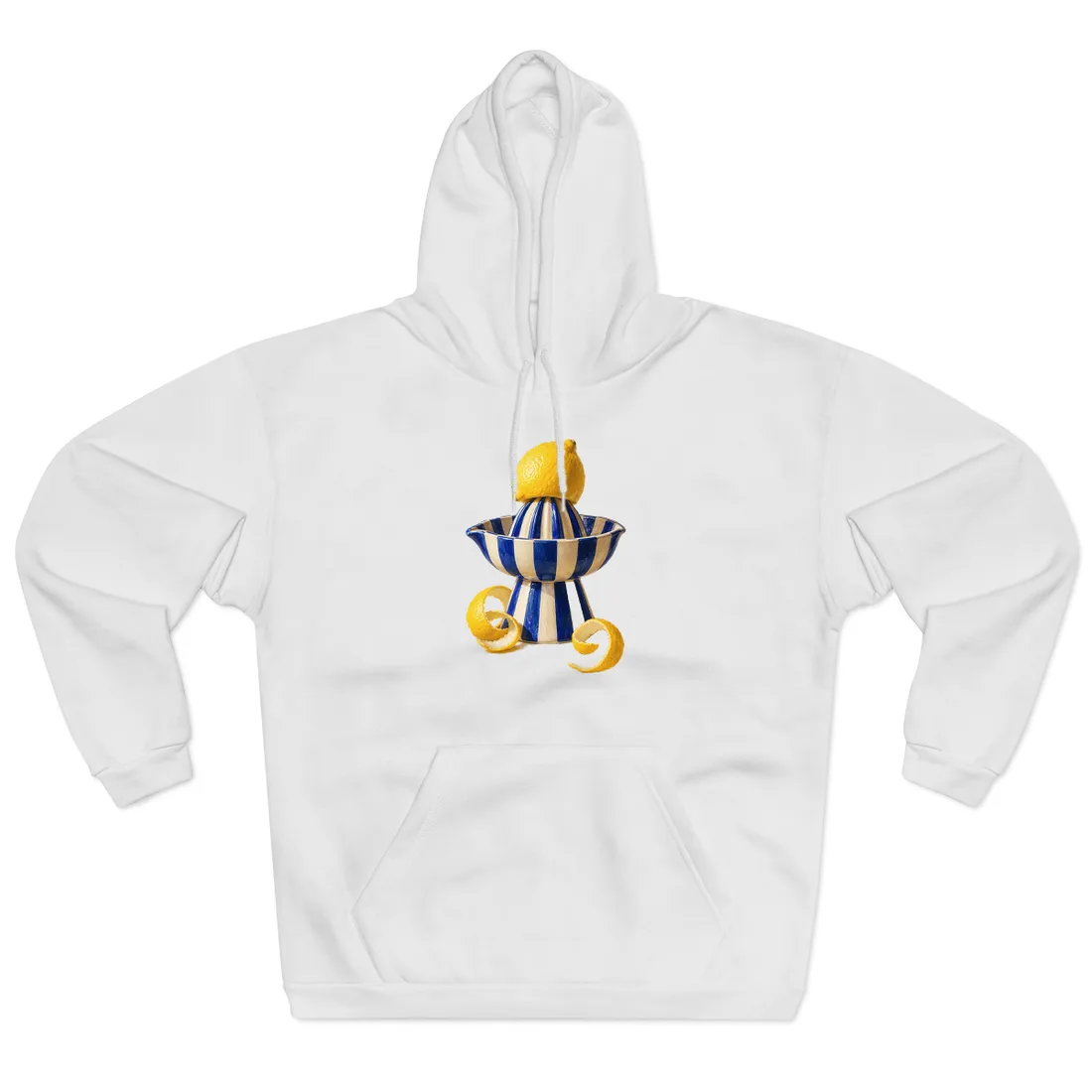 Lemon atop a blue and white striped juicer, with curled peels, on cream background – Hoodie, view 1
