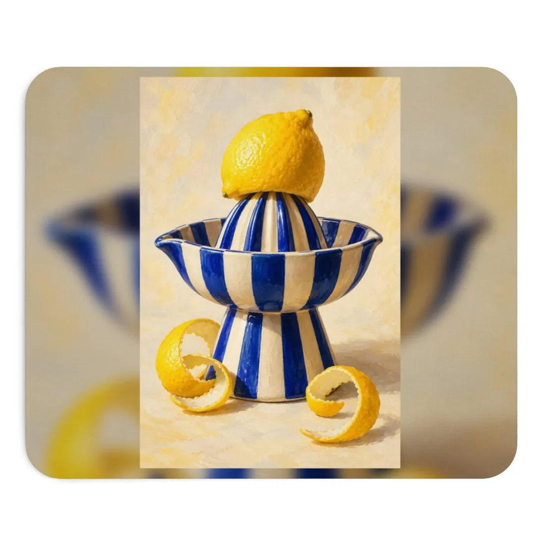 Lemon atop a blue and white striped juicer, with curled peels, on cream background – Mouse Pad, view 1