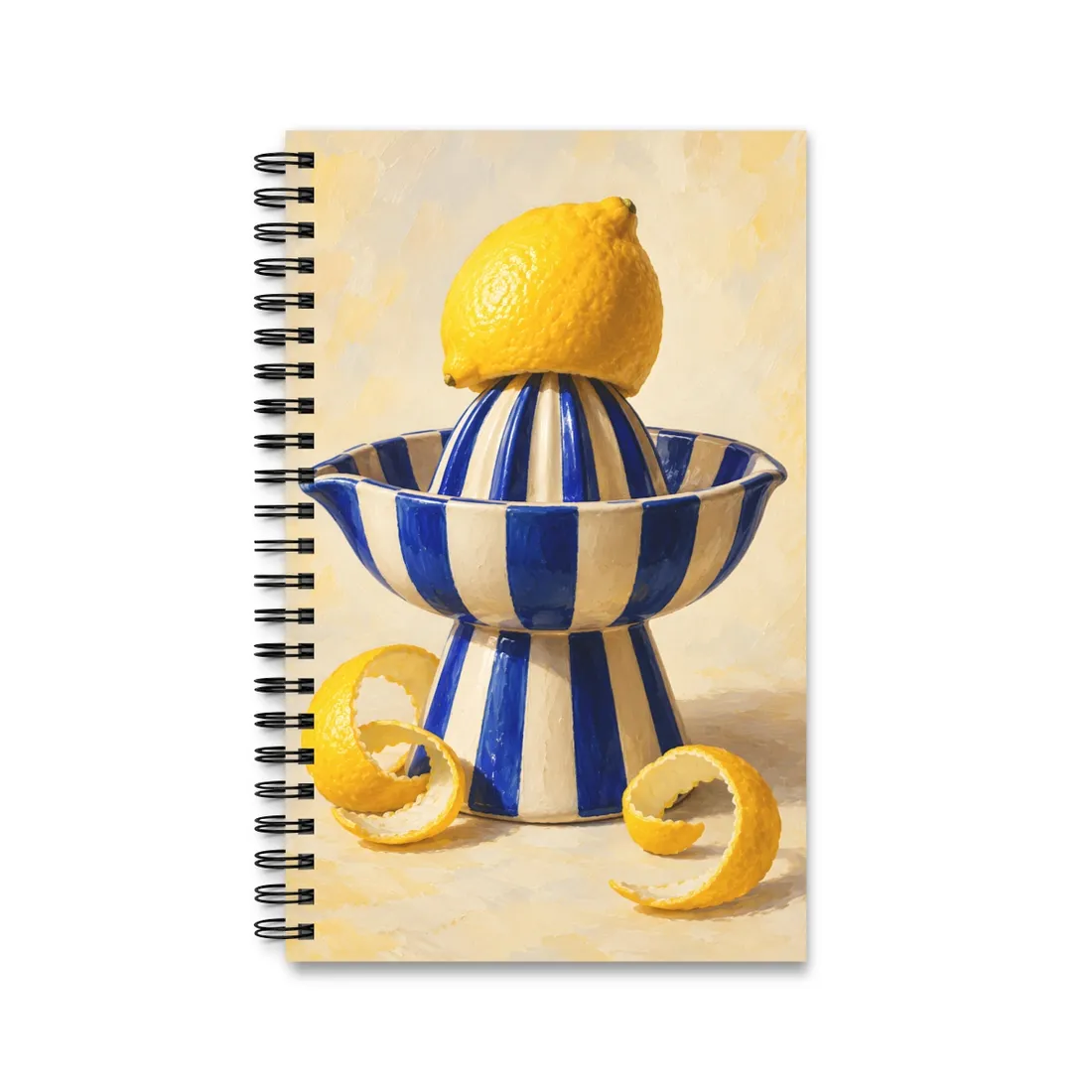 Lemon atop a blue and white striped juicer, with curled peels, on cream background – Spiral Notebook, view 1