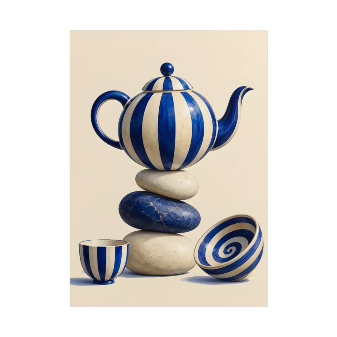 Blue and cream striped teapot balanced on stacked stones against cream background – Poster, view 1