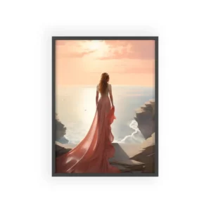 Woman Overlooking Sunset Sea Framed Poster