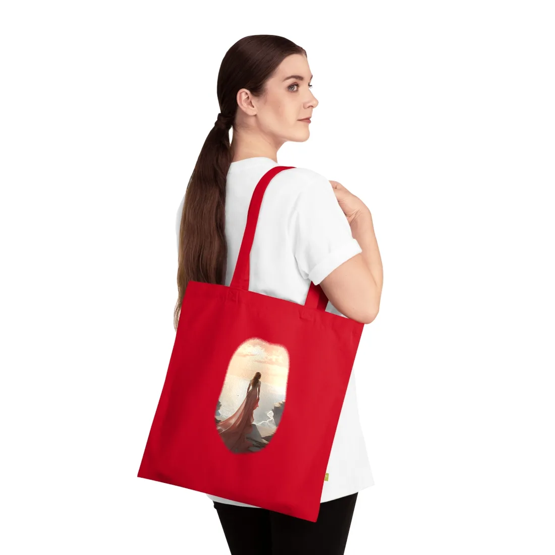 Woman in Pink on the Cliff Edge: Dreamy Ocean Portrait – Tote Bag, classic red