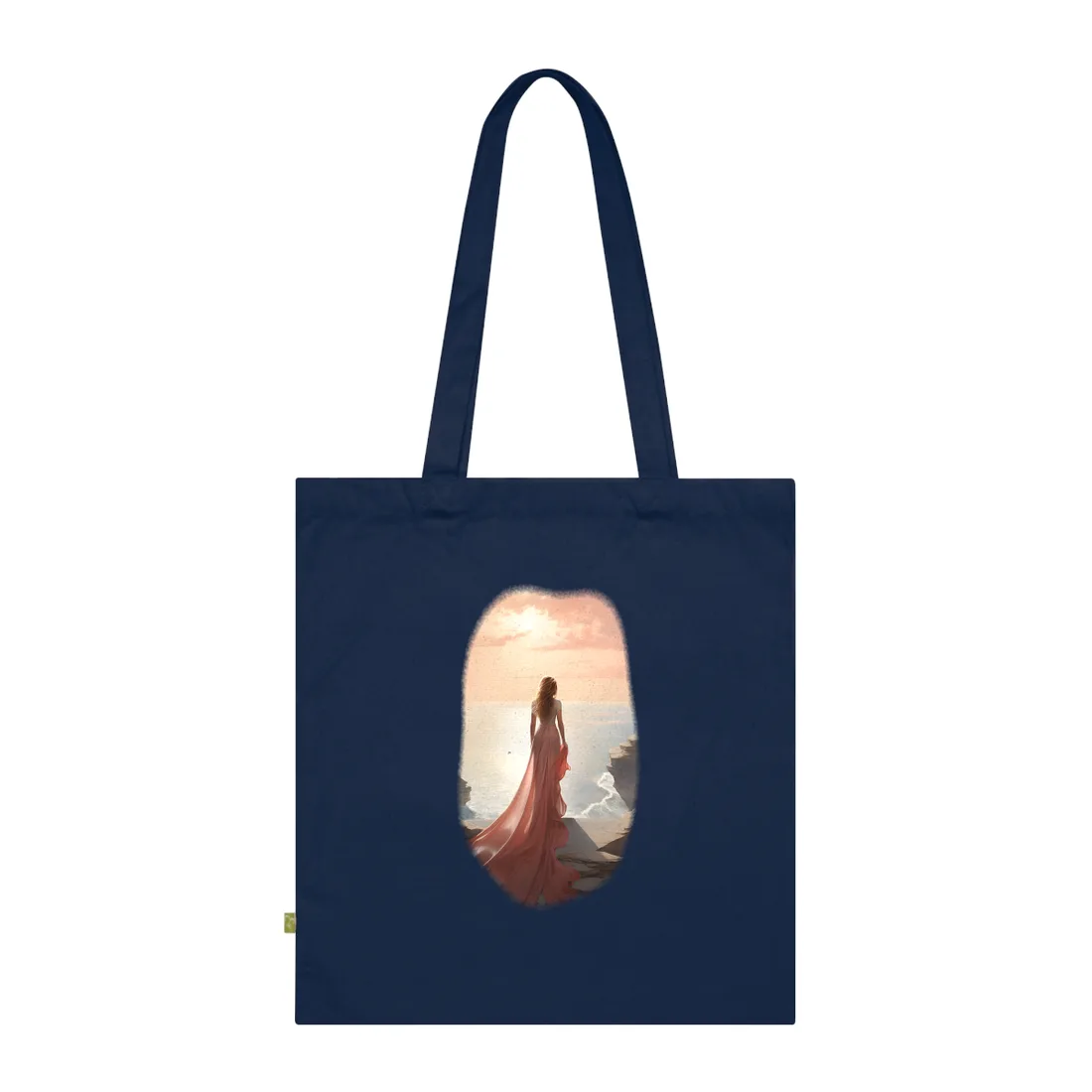 Woman in Pink on the Cliff Edge: Dreamy Ocean Portrait – Tote Bag, french navy
