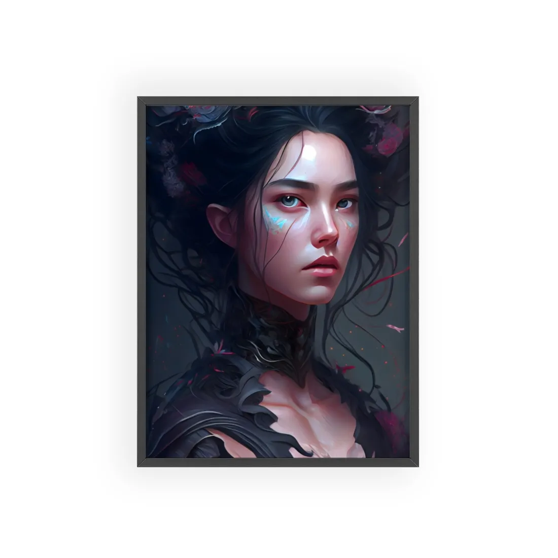 Stunning Black Haired Female Portrait in Elegant Dress - Framed Poster