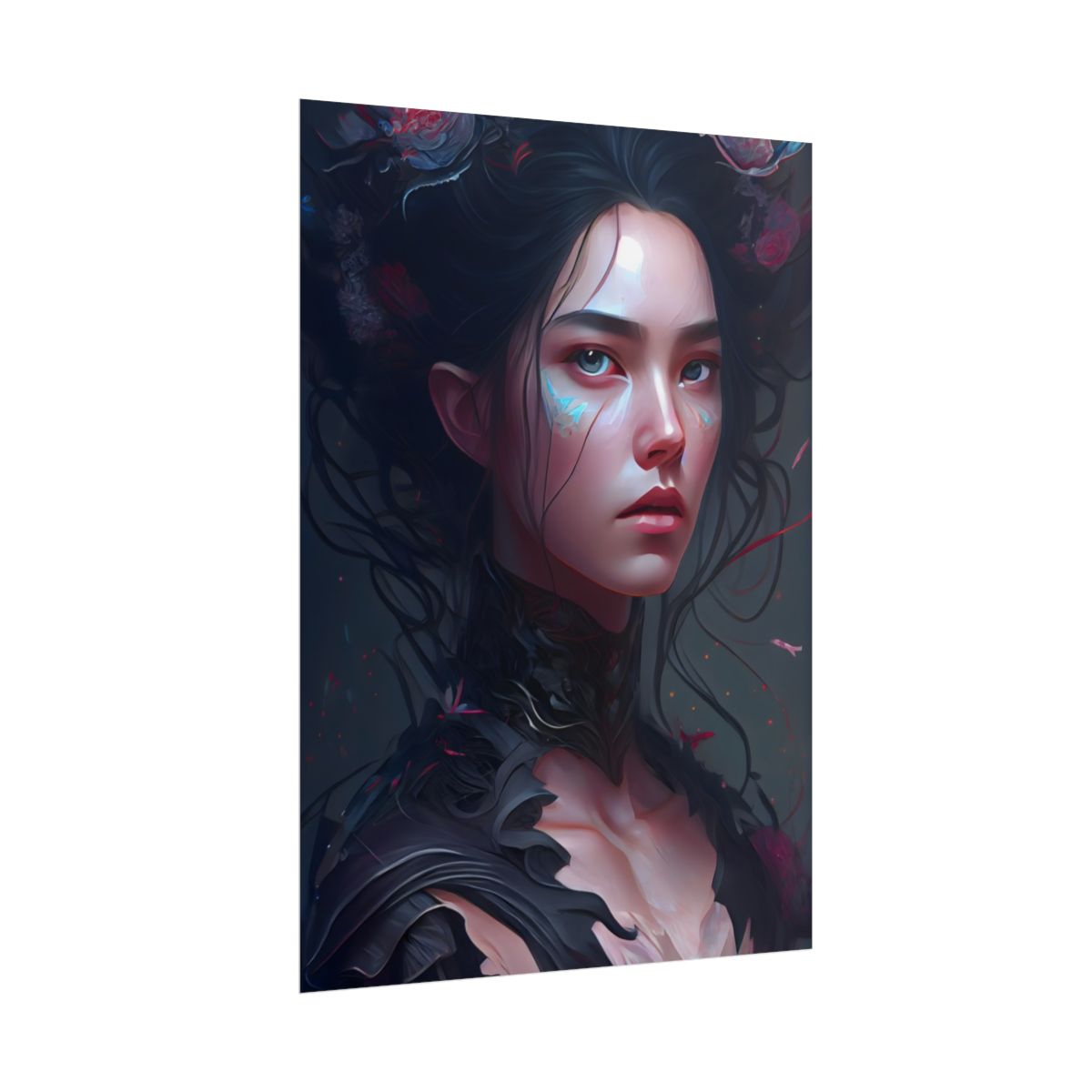 Stunning Black Haired Female Portrait in Elegant Dress - Poster