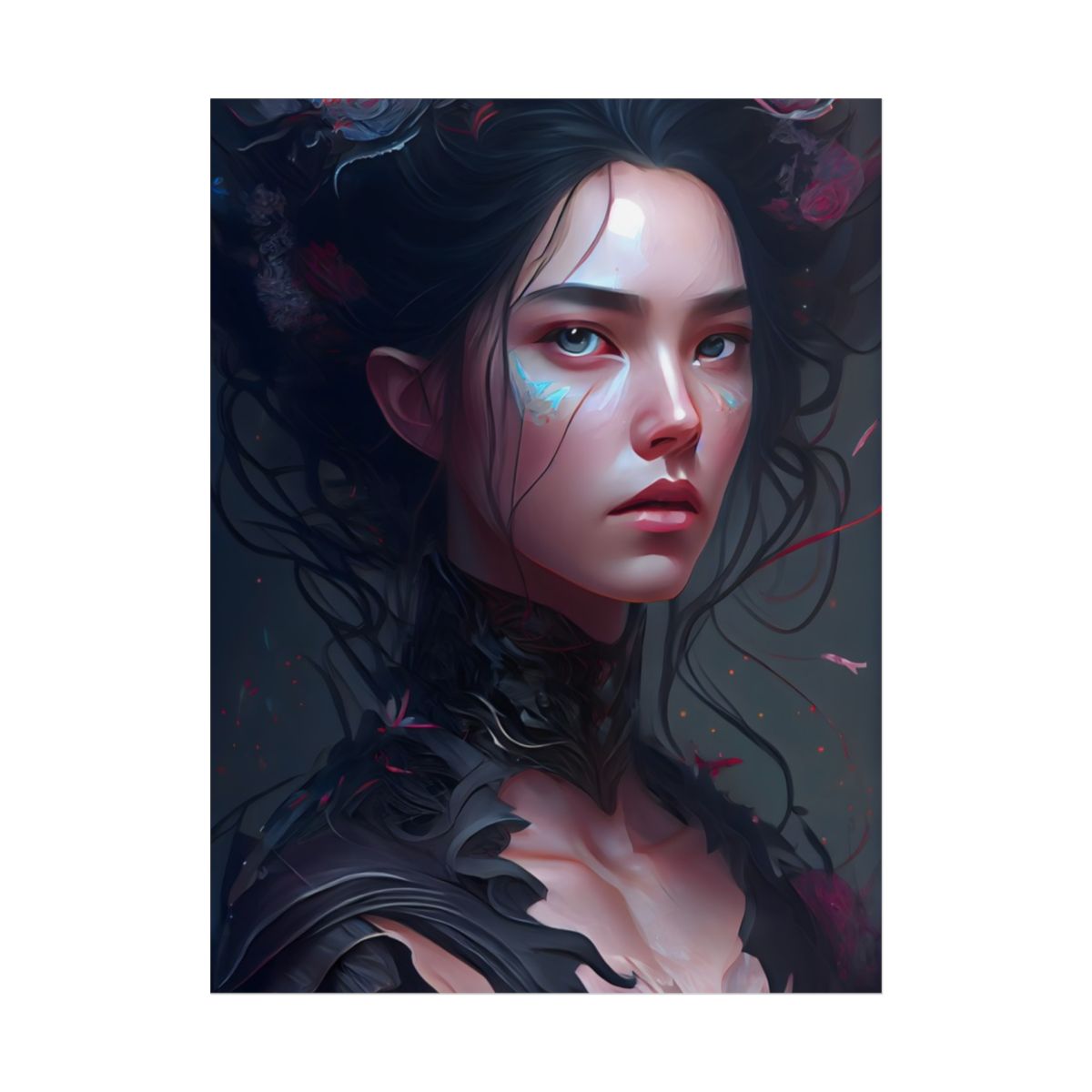 Stunning Black Haired Female Portrait in Elegant Dress - Poster