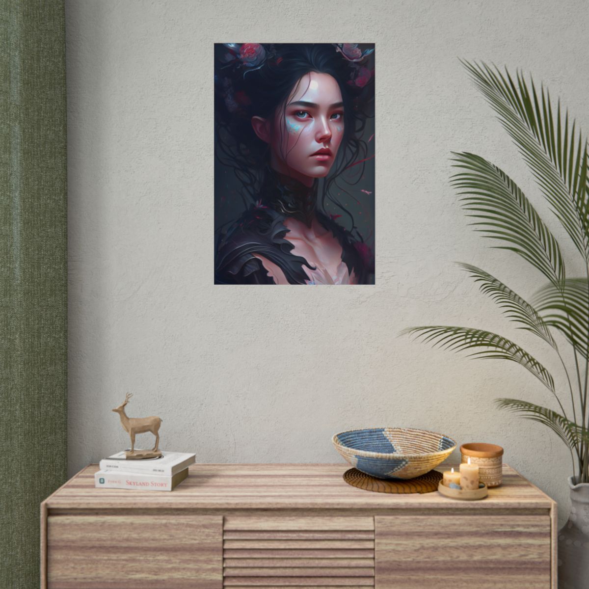Stunning Black Haired Female Portrait in Elegant Dress - Poster