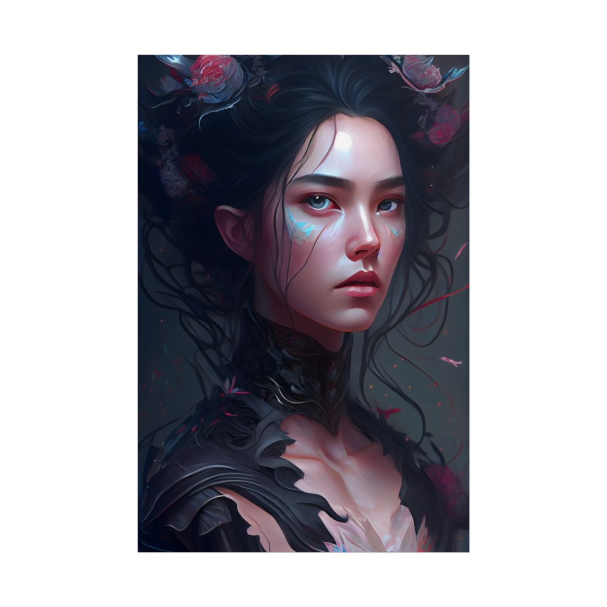 Stunning Black Haired Female Portrait in Elegant Dress - Poster