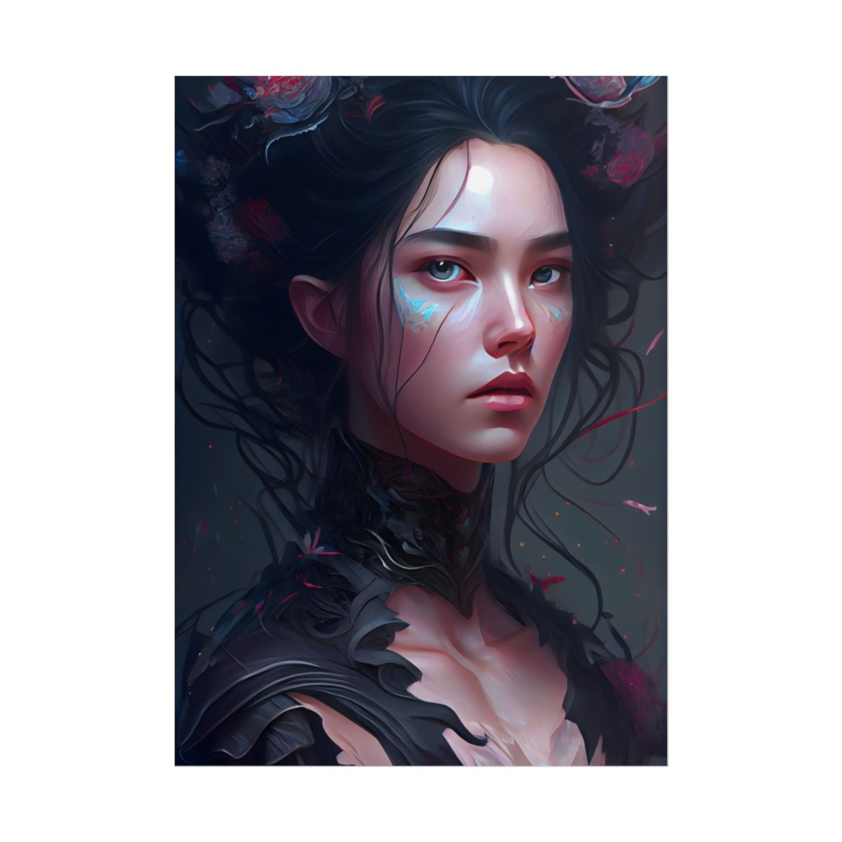 Stunning Black Haired Female Portrait in Elegant Dress - Poster