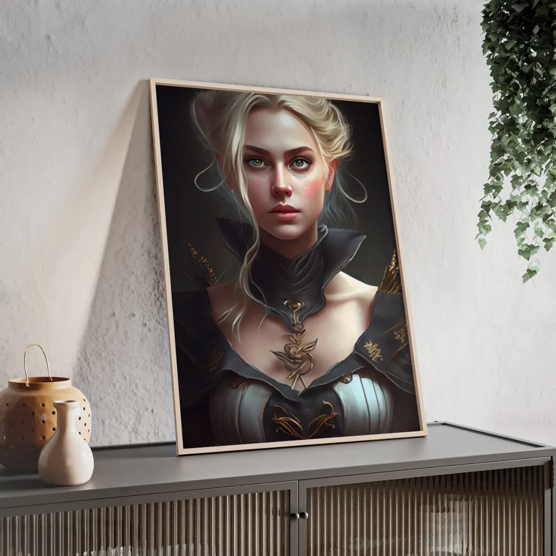 Stunning Blonde Portrait: Elegant Vintage Dress - Framed Poster