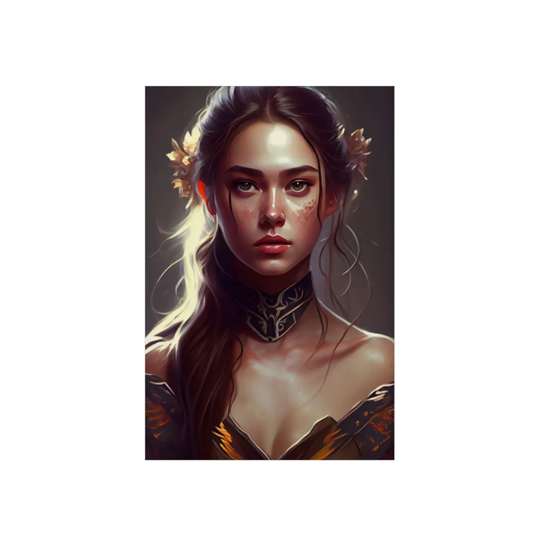 Stunning Female Portrait: Brown Hair Artwork in a Dramatic Style - Metal Poster