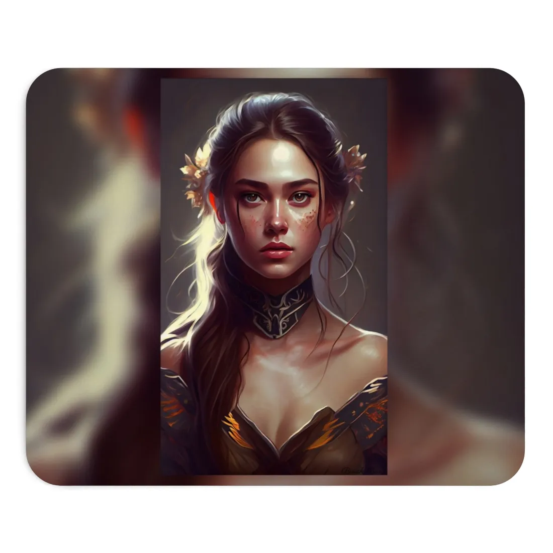 Stunning Female Portrait: Brown Hair Artwork in a Dramatic Style - Mouse Pad