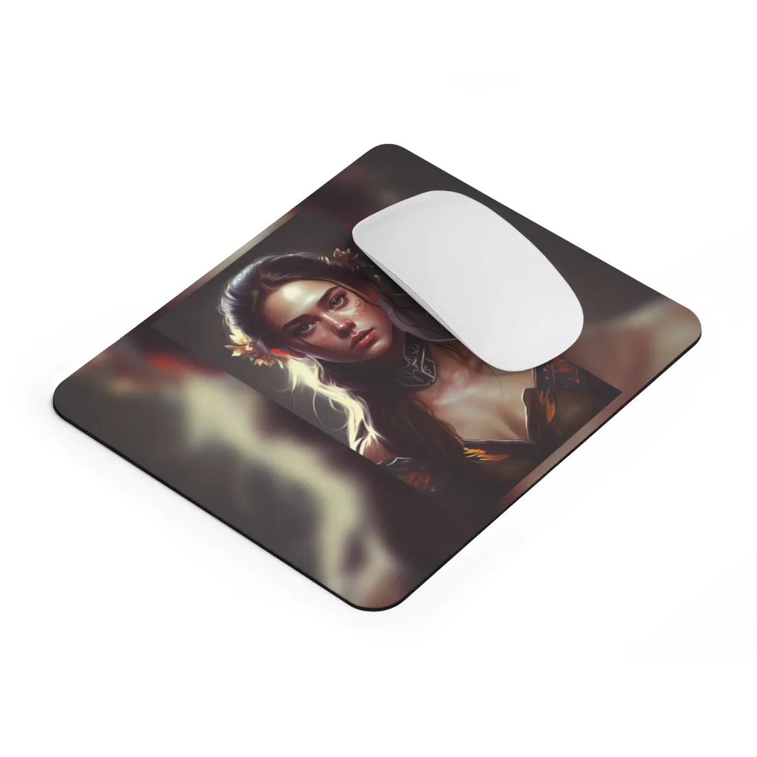 Stunning Female Portrait: Brown Hair Artwork in a Dramatic Style - Mouse Pad