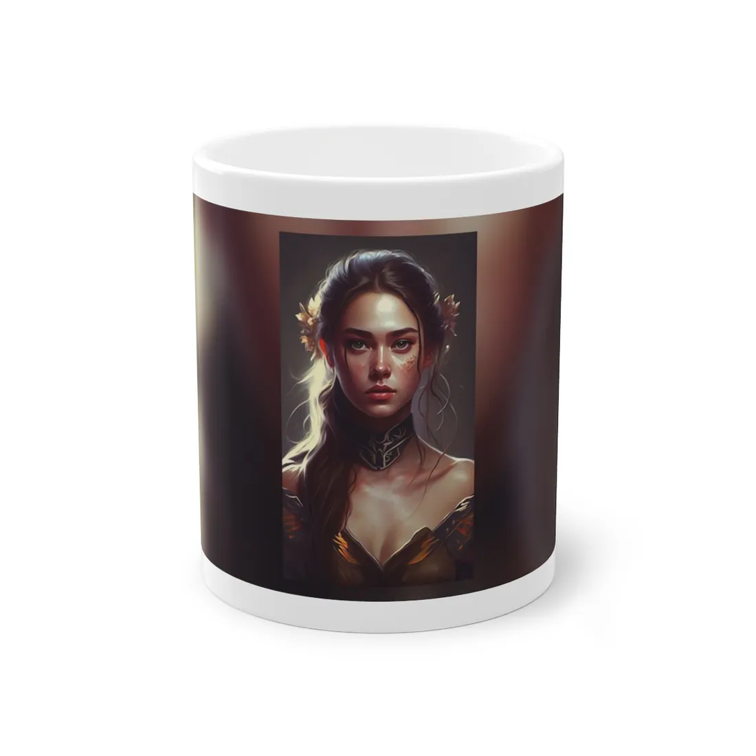 Stunning Female Portrait: Brown Hair Artwork in a Dramatic Style - Mug