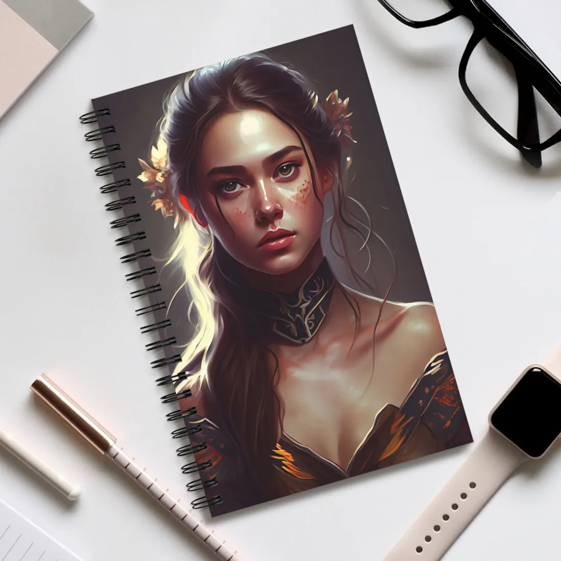 Stunning Female Portrait: Brown Hair Artwork in a Dramatic Style - Spiral Notebook