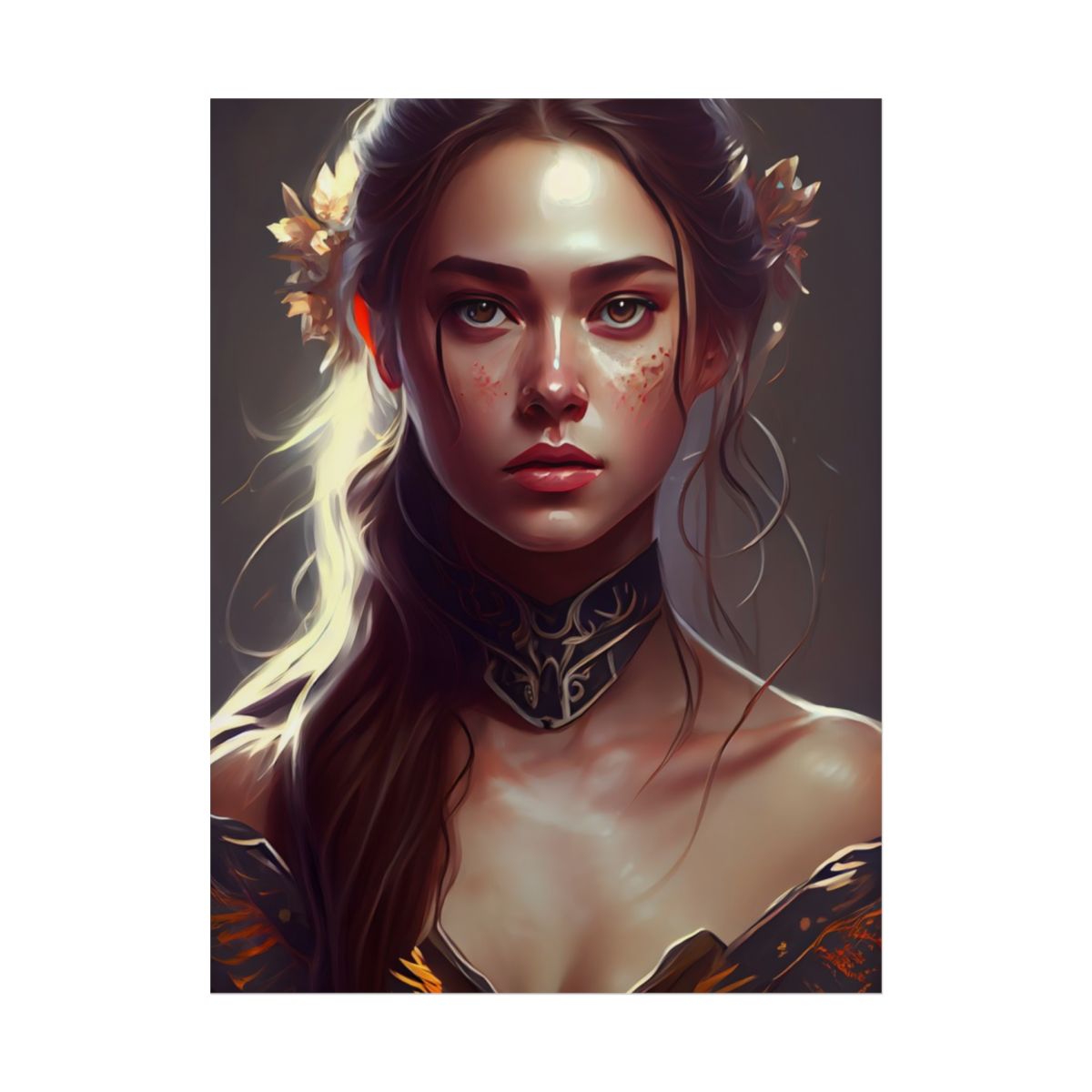Stunning Female Portrait: Brown Hair Artwork in a Dramatic Style - Poster