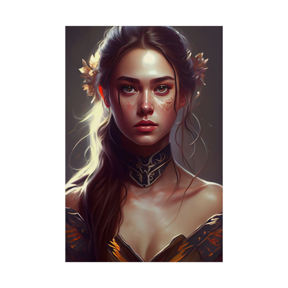 Stunning Female Portrait: Brown Hair Artwork in a Dramatic Style - Poster