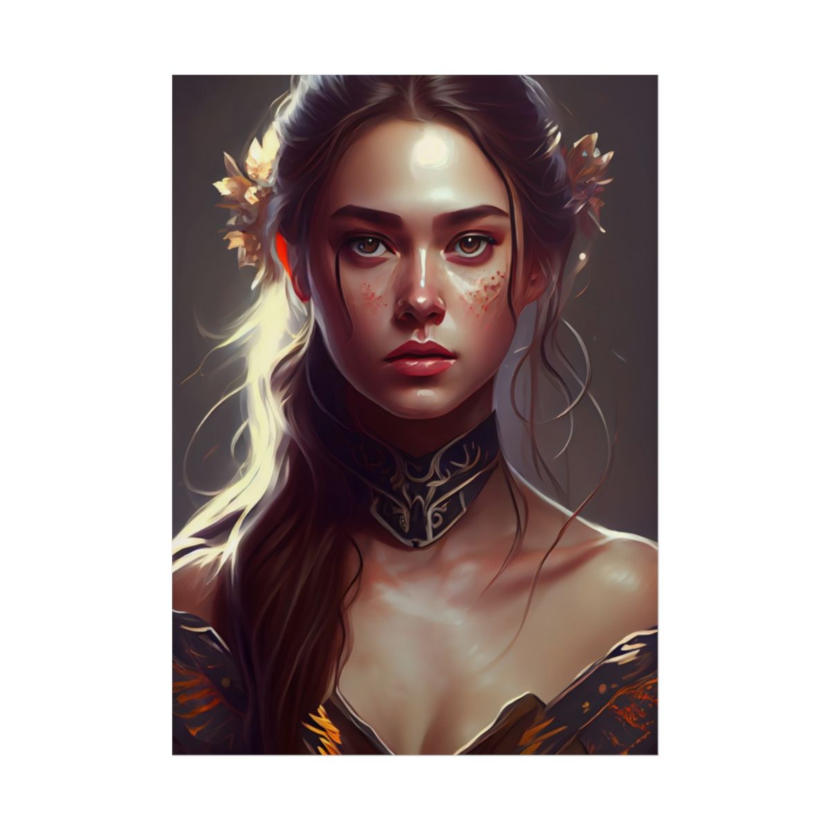 Stunning Female Portrait: Brown Hair Artwork in a Dramatic Style - Poster