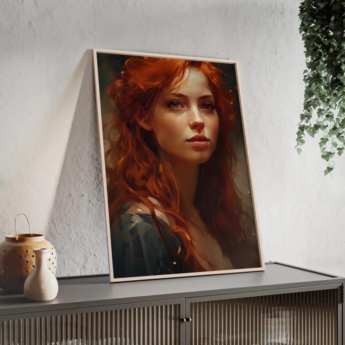 Stunning Redhead Female Portrait: Neutral Expression Art - Framed Poster