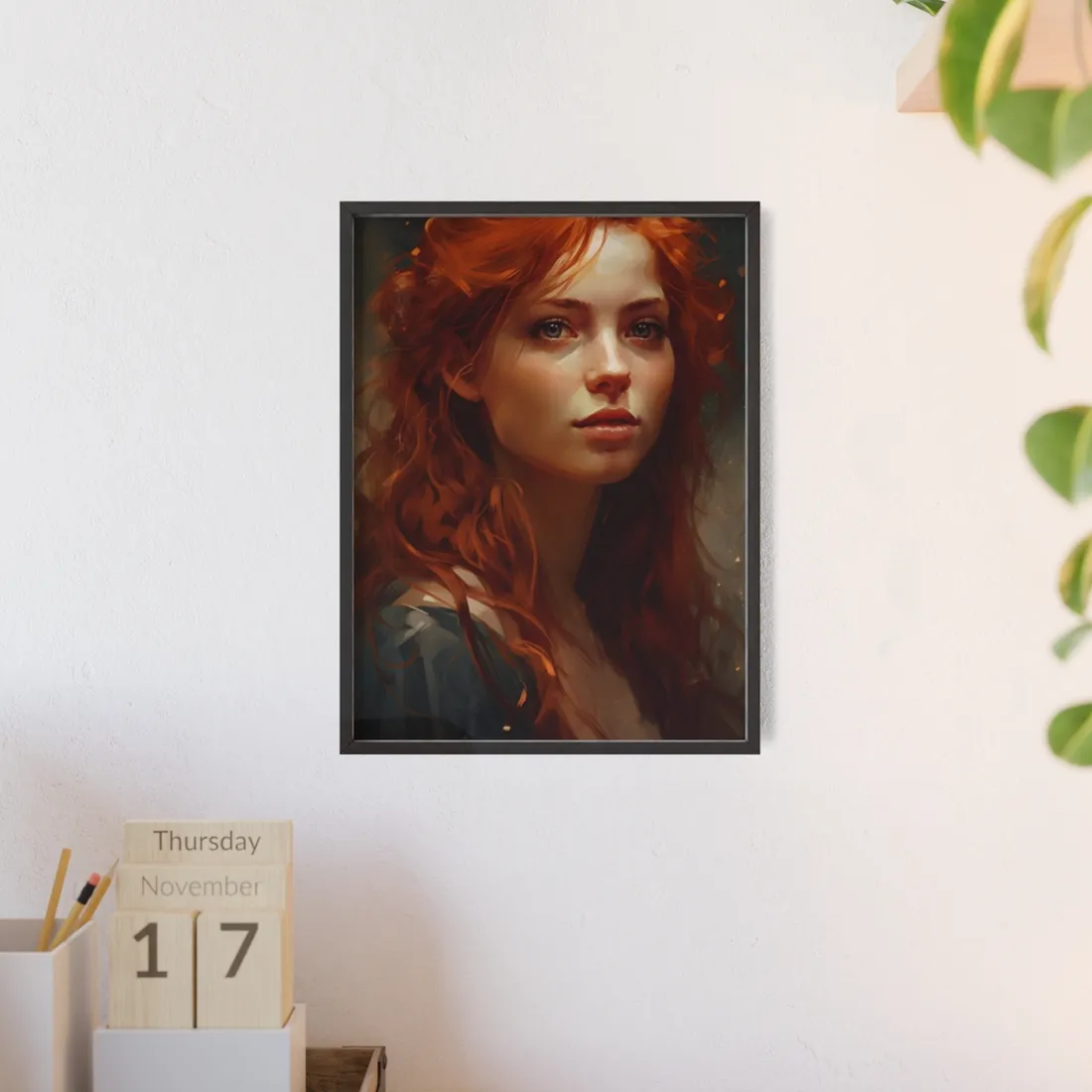 Stunning Redhead Female Portrait: Neutral Expression Art - Framed Poster