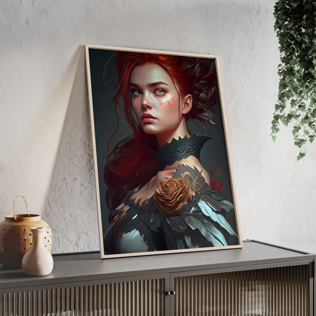 Stunning Redhead in Formal Dress: Elegant Portrait - Framed Poster