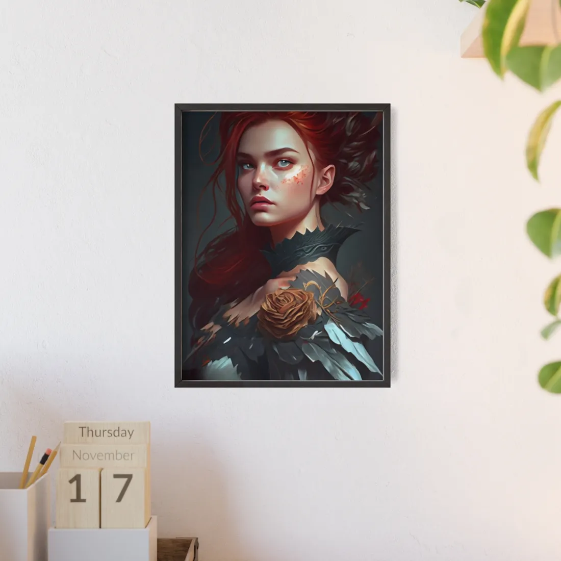Stunning Redhead in Formal Dress: Elegant Portrait - Framed Poster