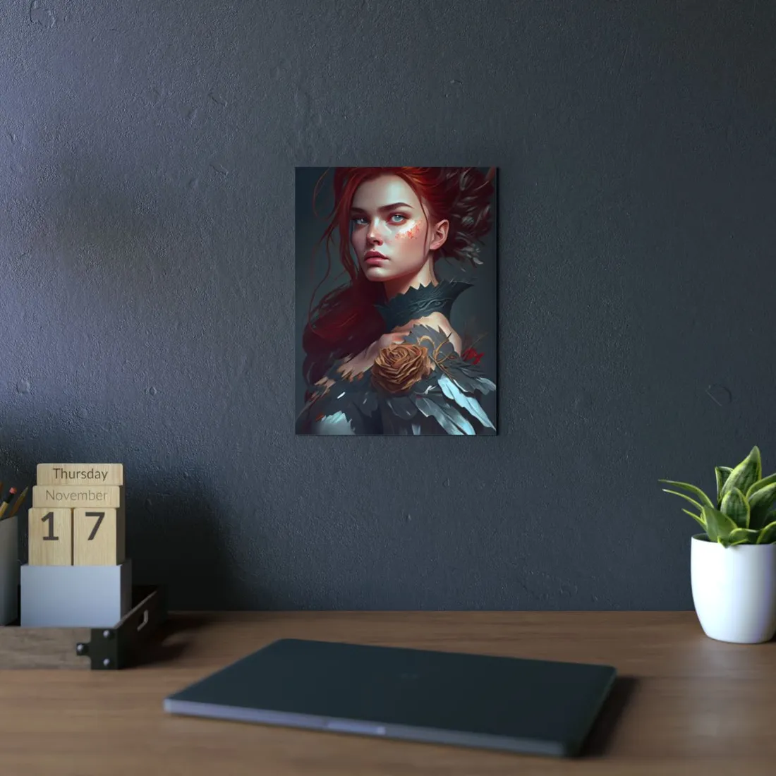 Stunning Redhead in Formal Dress: Elegant Portrait - Metal Poster