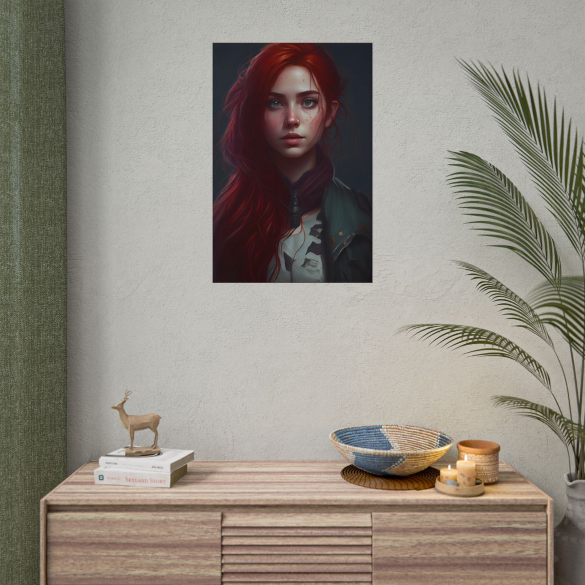 Stunning Redheaded Female Portrait: Elegant Dress Artwork - Poster