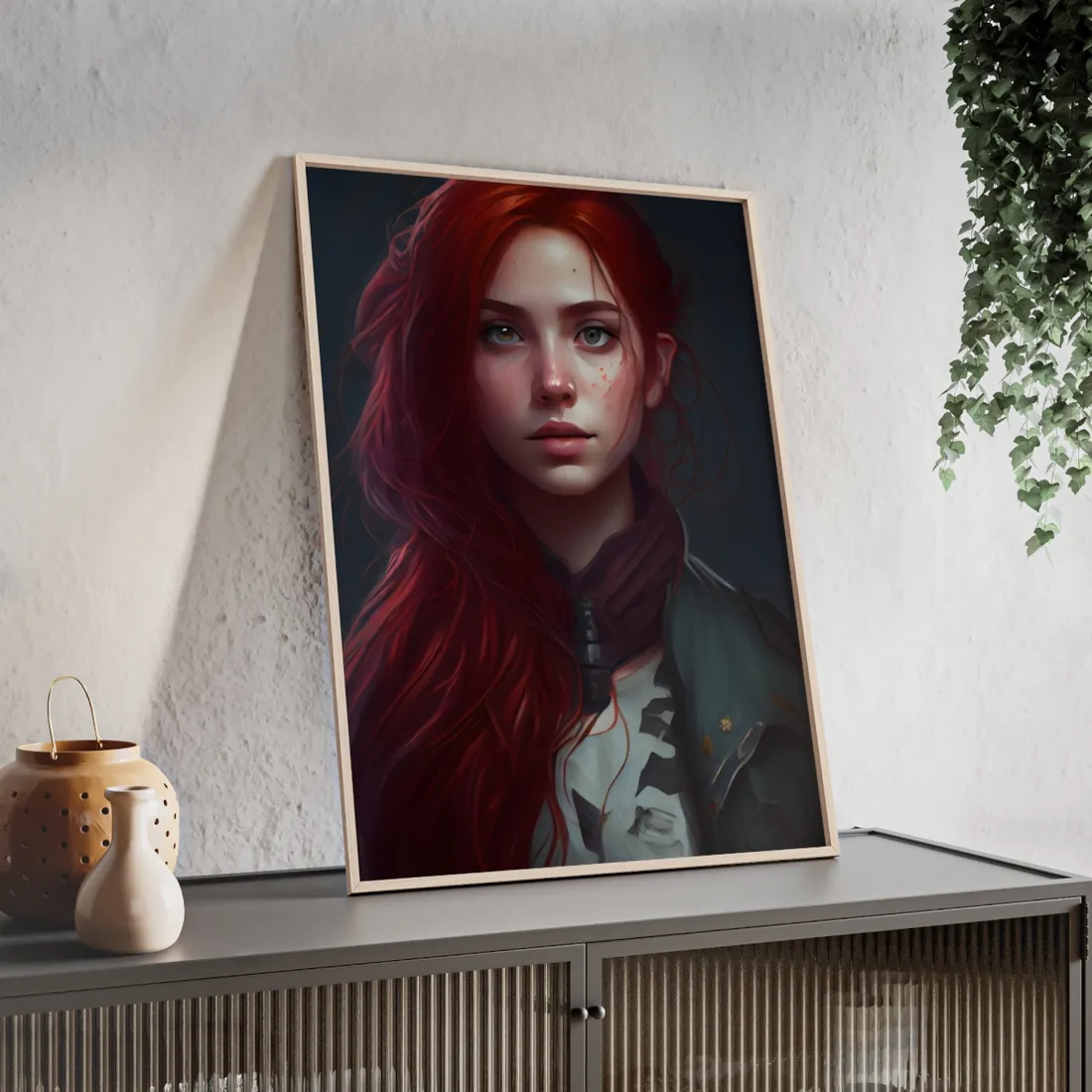 Stunning Redheaded Female Portrait: Elegant Dress - Framed Poster