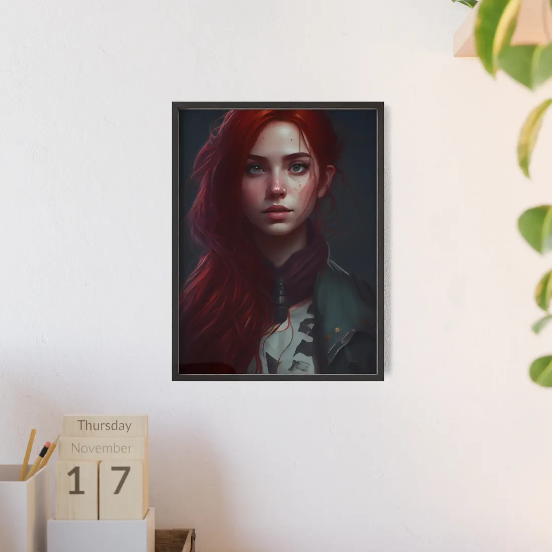 Stunning Redheaded Female Portrait: Elegant Dress - Framed Poster