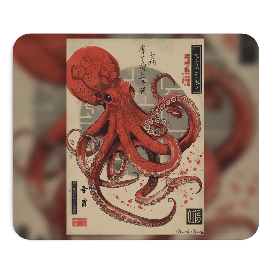 Stylized Japanese Octopus: Muted Watercolor - Mouse Pad