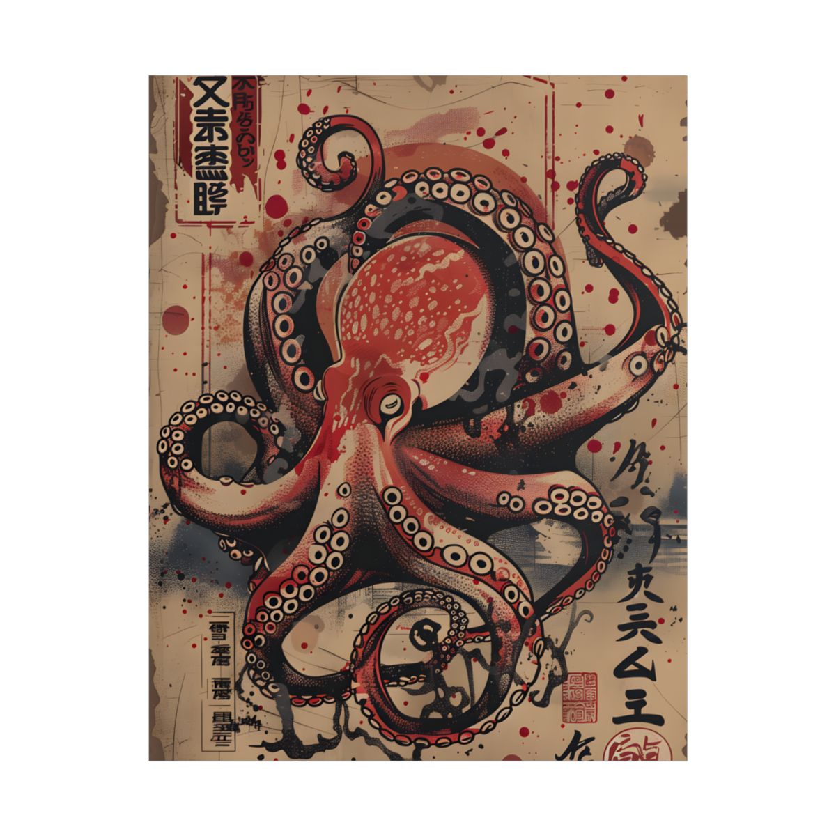 Stylized Octopus in Ukiyo-E Style: Japanese Artwork - Poster