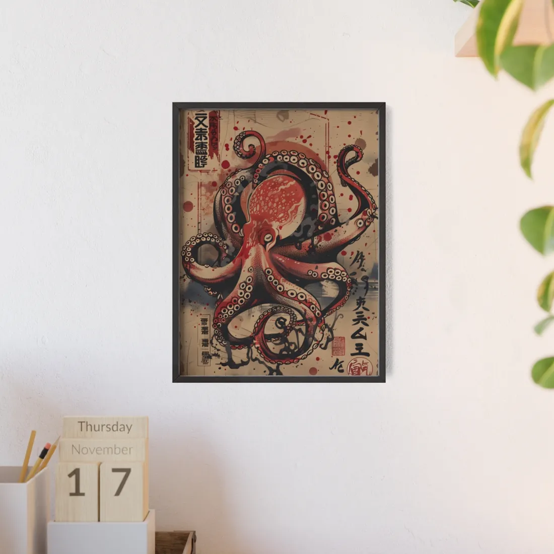 Stylized Octopus in Ukiyo-E Style: Japanese - Framed Poster