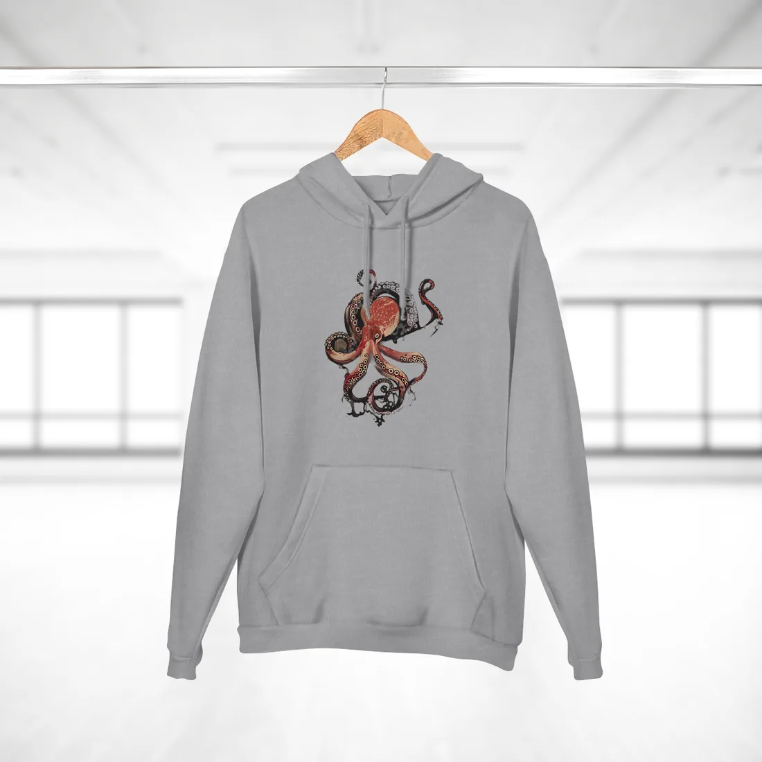 Stylized Octopus in Ukiyo-E Style: Japanese - Hoodie (Heather Grey)