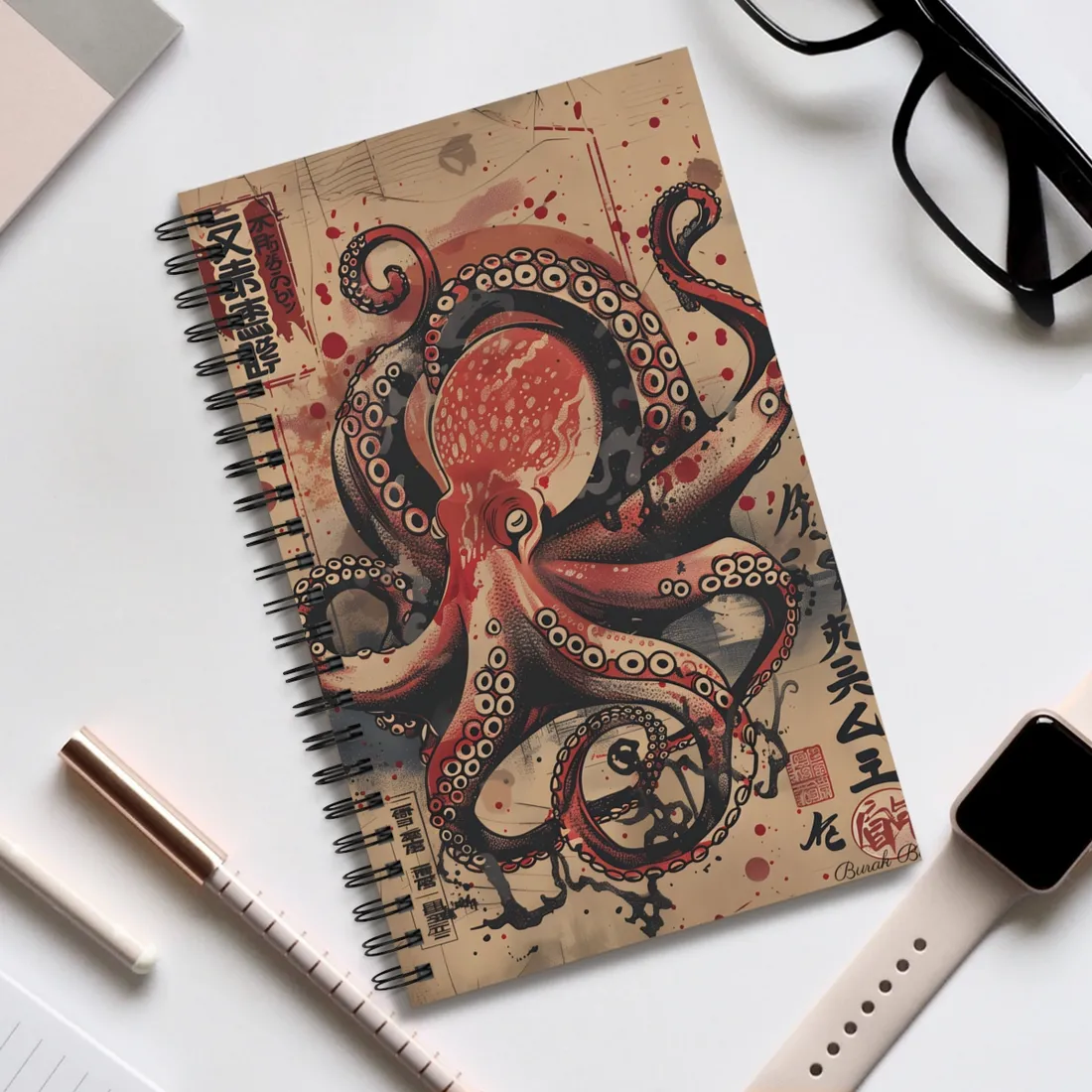 Stylized Octopus in Ukiyo-E Style: Japanese - Spiral Notebook
