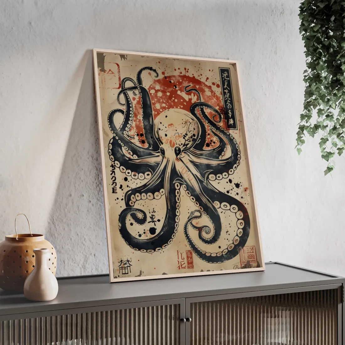 Stylized Octopus: Vibrant Japanese Ukiyo-E - Framed Poster