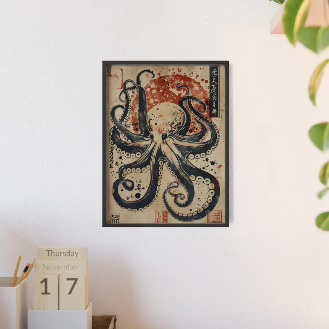 Stylized Octopus: Vibrant Japanese Ukiyo-E - Framed Poster