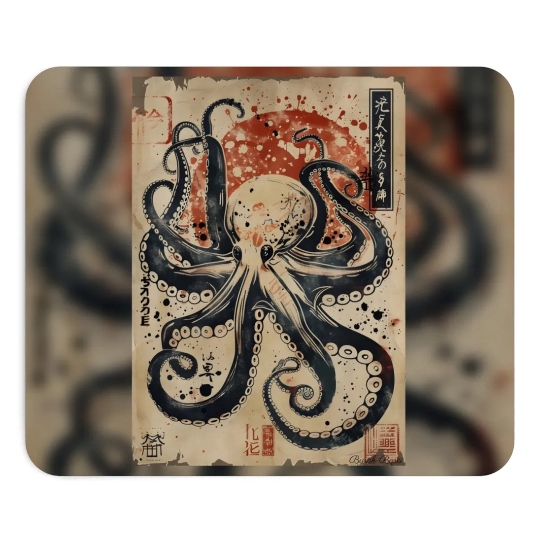 Stylized Octopus: Vibrant Japanese Ukiyo-E - Mouse Pad