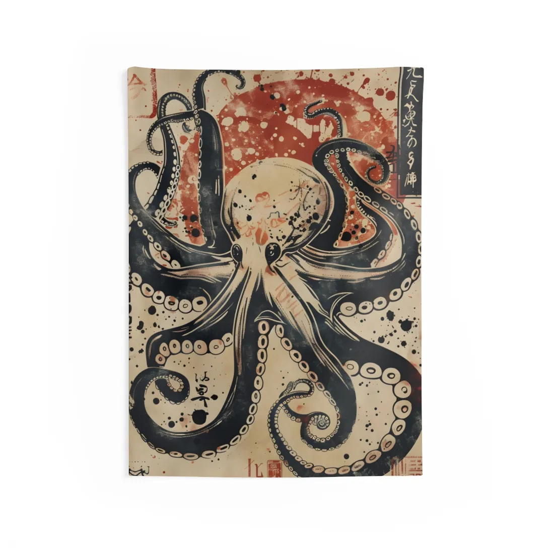 Stylized Octopus: Vibrant Japanese Ukiyo-E - Wall Tapestry