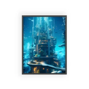 Underwater City Tower Glowing Amber Framed Poster